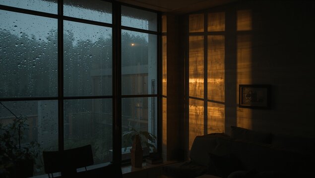 Showing large floor-to-ceiling window with raindrops on left in living room, with sofa cushions