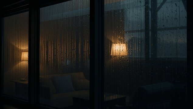 Framing rain-streaked window glass, mullions revealing lamp-lit living room with sofa and lamps