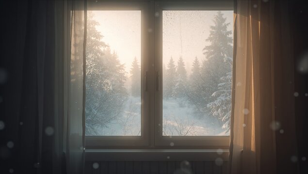 Framing double pane window with center handle, showing frosted glass and snowy pines in room, drape - Powered by Adobe