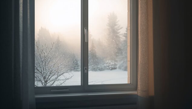 Framing closed double-pane window with center handle showing frost curtains snowy yard inside room - Powered by Adobe