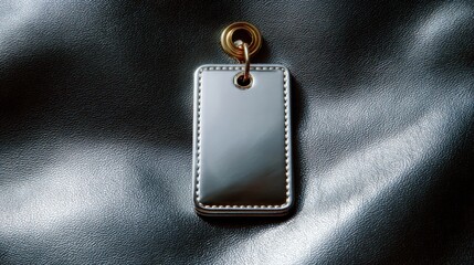 Close-up of a rectangular pendant with a gold-colored metal ring attached to it. the pendant is resting on a black leather surface.
