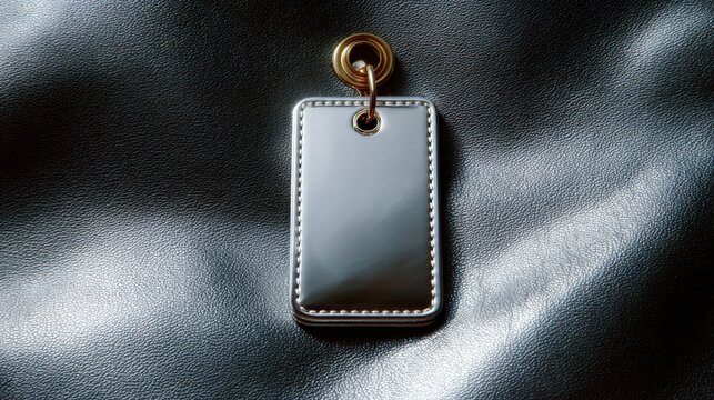 Close-up of a rectangular pendant with a gold-colored metal ring attached to it. the pendant is resting on a black leather surface.