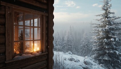 Framing wooden paned cabin window glowing with candles and decorated tree, snowy forest, copy space