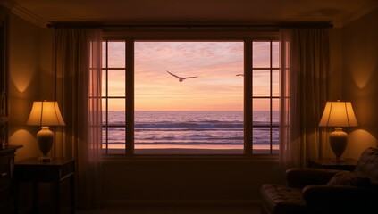 Obraz premium Framing large central window revealing ocean horizon at sunset in living room, with seagulls