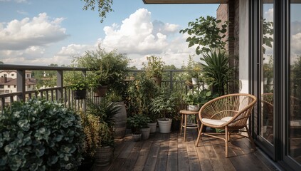 Obraz premium Sitting rattan armchair with side table on right terrace, surrounded by potted plants, copy space