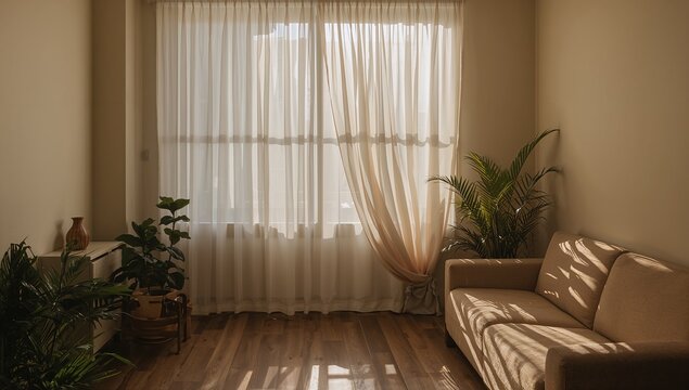 Filtering sheer cream curtains casting sunlight patterns across wood floor and tan sofa at home