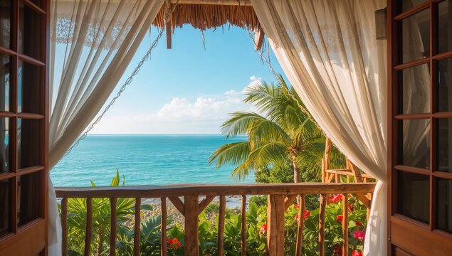 Framing open door view revealing calm sea from balcony with sheer curtains, wooden railing and palm