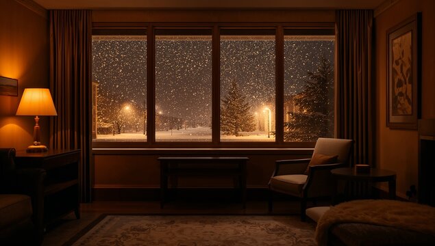 Showing large triple-pane window revealing falling snow and streetlights in living room, with lamp