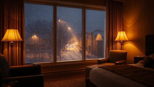 Framing three-pane window showcasing snowy city street at night in hotel room with amber lamps