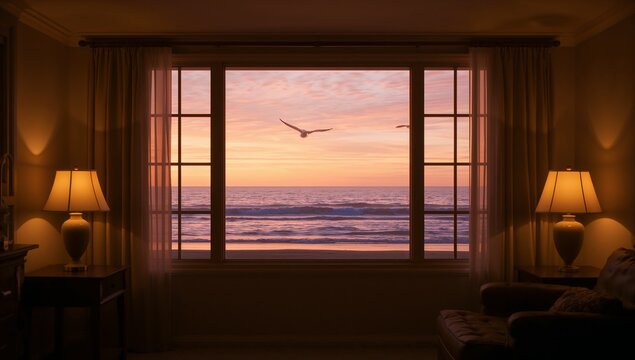Framing large central window revealing ocean horizon at sunset in living room, with seagulls