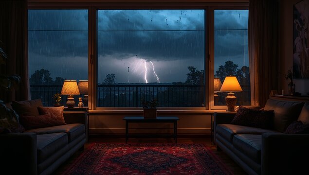 Showing large central picture window displaying heavy rain and lightning in living room, with sofas - Powered by Adobe