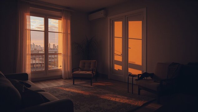 Bathing upholstered armchair absorbing warm sunset light at living room window, with patterned rug