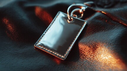 Close-up of a keychain with a rectangular tag attached to it. the tag is made of metal and has a shiny, metallic finish. it is attached to a silver chain with a loop at the top.