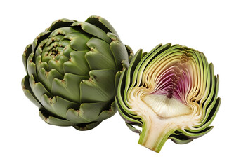 A whole green artichoke vegetable next to a halved artichoke showing the inner purple heart and pale stem, isolated on transparent background
