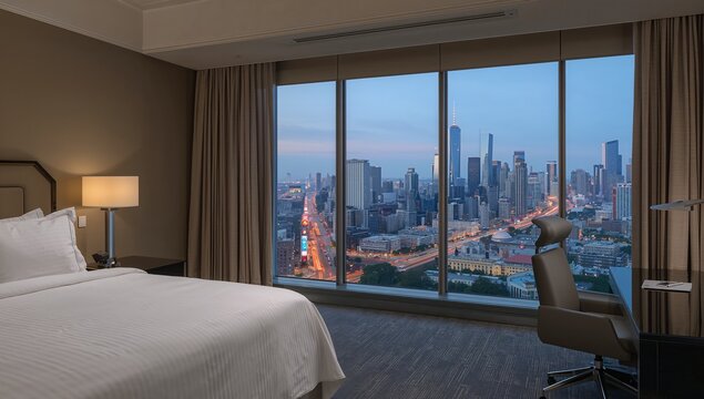 Framing floor-to-ceiling window showing city skyline at dusk in hotel guestroom, with king bed
