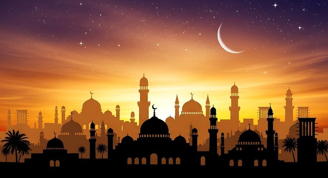 Silhouette of a grand mosque complex against a vibrant sunset sky with a crescent moon and stars