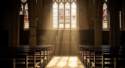 Sunlight streaming through stained glass windows illuminating the interior aisle of a historic church with wooden pews