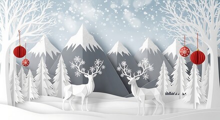 Paper cut style winter wonderland scene with two reindeer in a snowy forest with mountains and hanging ornaments