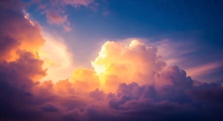 Dramatic sunset sky filled with vibrant orange and purple cumulonimbus clouds illuminated by hidden sun and faint stars