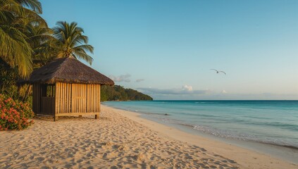 Sitting thatched hut on stilts basking in warm light at tropical beach, with seabirds flying