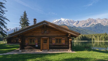 Sitting rustic log cabin facing calm alpine lake on manicured lawn, with pink flower boxes