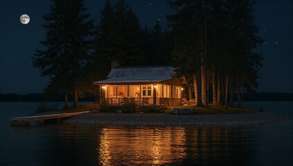 Sitting wooden cabin with lit windows, porch lights on pebble shore at night, dock reflecting moon
