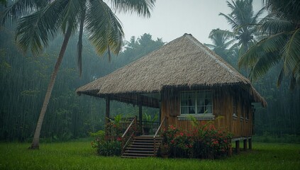 Standing thatched wooden stilt house weathering heavy rain in grassy clearing, with lamp post