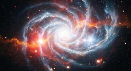 Stunning spiral galaxy with vibrant blue and orange cosmic dust clouds illuminating the deep space background