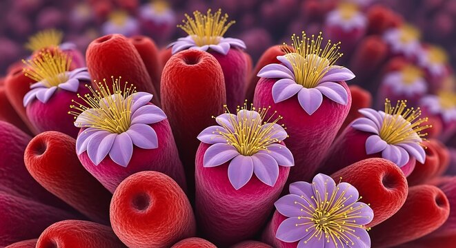 Closeup illustration of colorful biological structures resembling polyps or microscopic flowers with purple petals and yellow stamen