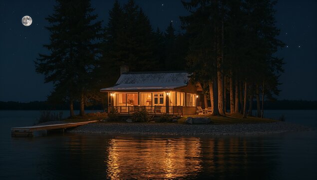 Sitting wooden cabin with lit windows, porch lights on pebble shore at night, dock reflecting moon
