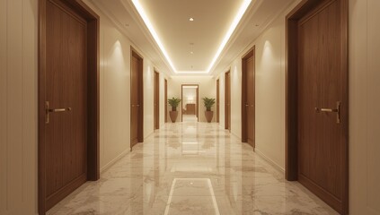 Leading long hotel corridor drawing eye toward console table at far end, with marble floor
