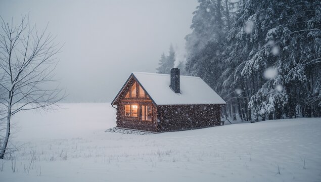 Sitting wooden cabin glowing from lit windows in snowy clearing beside pines, with falling snow