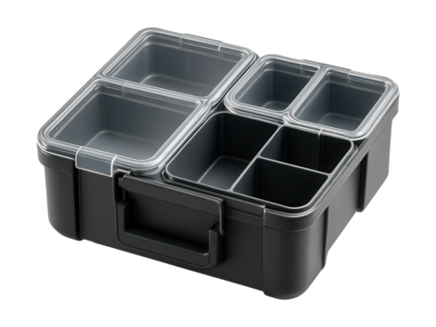 Modular plastic tool storage with customizable lids for versatile design studio tasks.