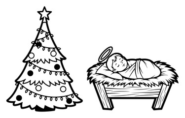 Christmas tree and sleeping baby Jesus in a manger vector line art illustration for coloring