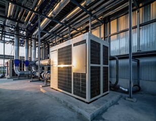 Obraz premium Industrial chiller unit in modern facility highlighted by sunset glow