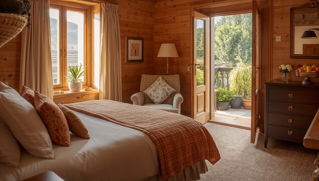 Featuring double bed occupying left front in wooden cottage bedroom with plaid throw, copy space