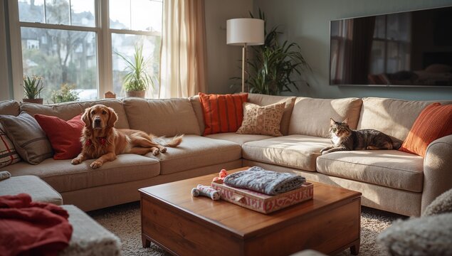 Lying golden retriever wearing red collar looking toward camera on living room sofa, with pillows