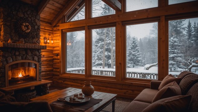 Showing wood-framed window revealing snowy pines at log cabin living room, with fireplace and table