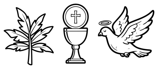 Naklejka premium Christian religious symbols set with eucharist chalice holy spirit dove and olive branch vector line art