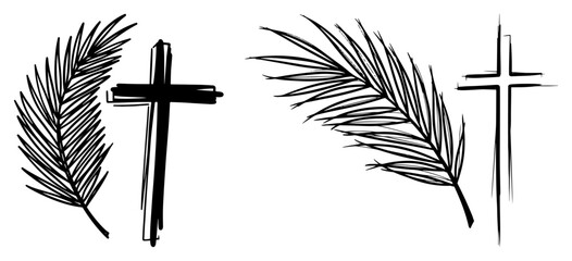 Christian cross and palm branch leaf symbol for palm sunday and easter holiday vector hand drawn sketch illustration © Amelia