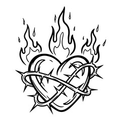 Sacred heart of jesus symbol with thorns crown and fire flames vector black and white tattoo style sketch illustration