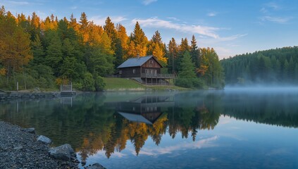 Reflecting rustic wooden cabin sitting on grassy lakeshore, with dock, mist, and autumn trees