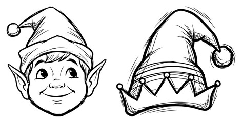 Happy Christmas elf face and traditional hat set vector black and white hand drawn sketch of Santa helper character and costume accessory