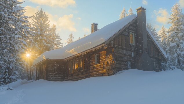 Sitting rustic wooden log cabin glowing with lit windows in snowdrift at golden hour, with icicles - Powered by Adobe