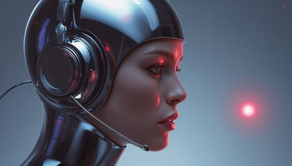 Listening female android turning right in studio with chrome helmet, over-ear headset and red orb
