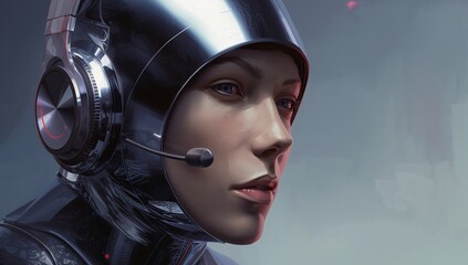 Highlighting female pilot wearing glossy helmet, shiny suit and boom mic in cockpit, red lights