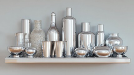 Collection of silver-colored glassware arranged on a white shelf against a light grey background.