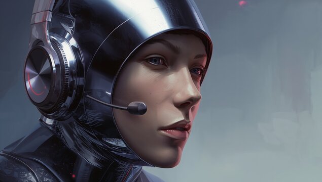 Highlighting female pilot wearing glossy helmet, shiny suit and boom mic in cockpit, red lights - Powered by Adobe