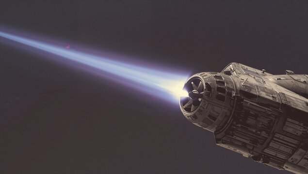Firing aft section of spacecraft burning engine in space, showing hull panels and plume, copy space