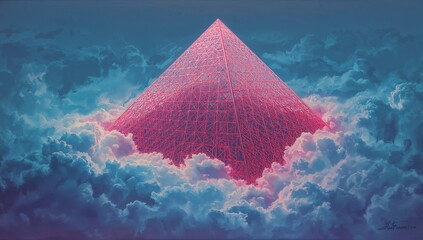 Rising neon pink lattice pyramid glowing and emerging above cloud layers, with wireframe rim glow